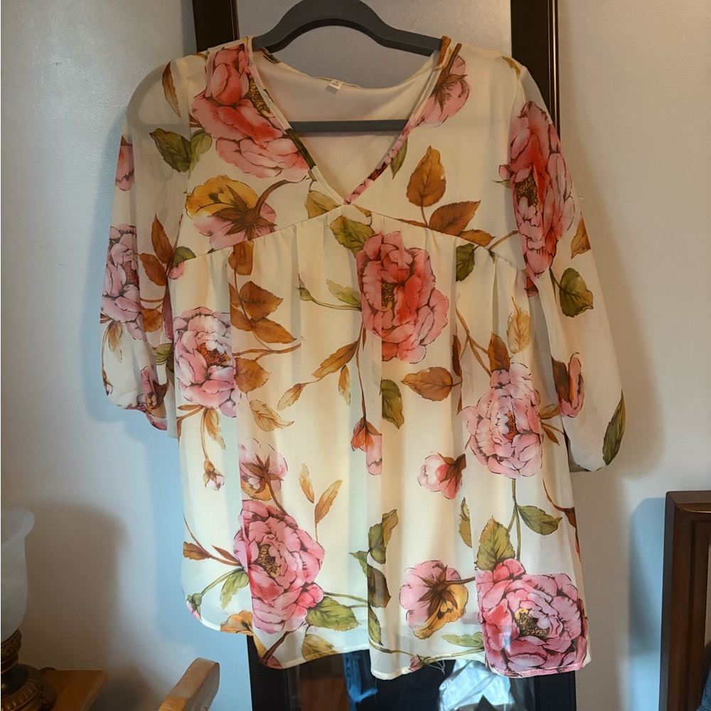 Floral V-Neck Blouse - Cream and Pink